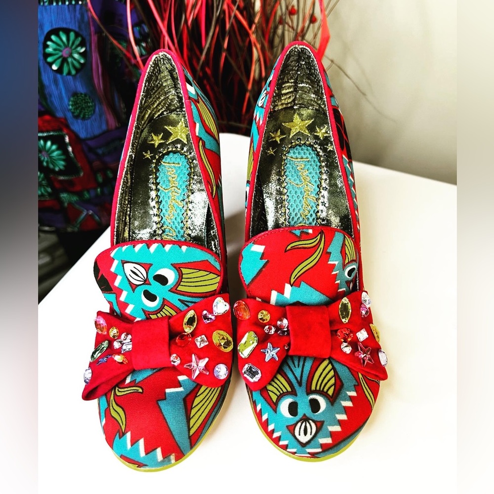 Irregular Choice Red and Teal Geometric Print Sculpted Heels - Picture 2 of 4